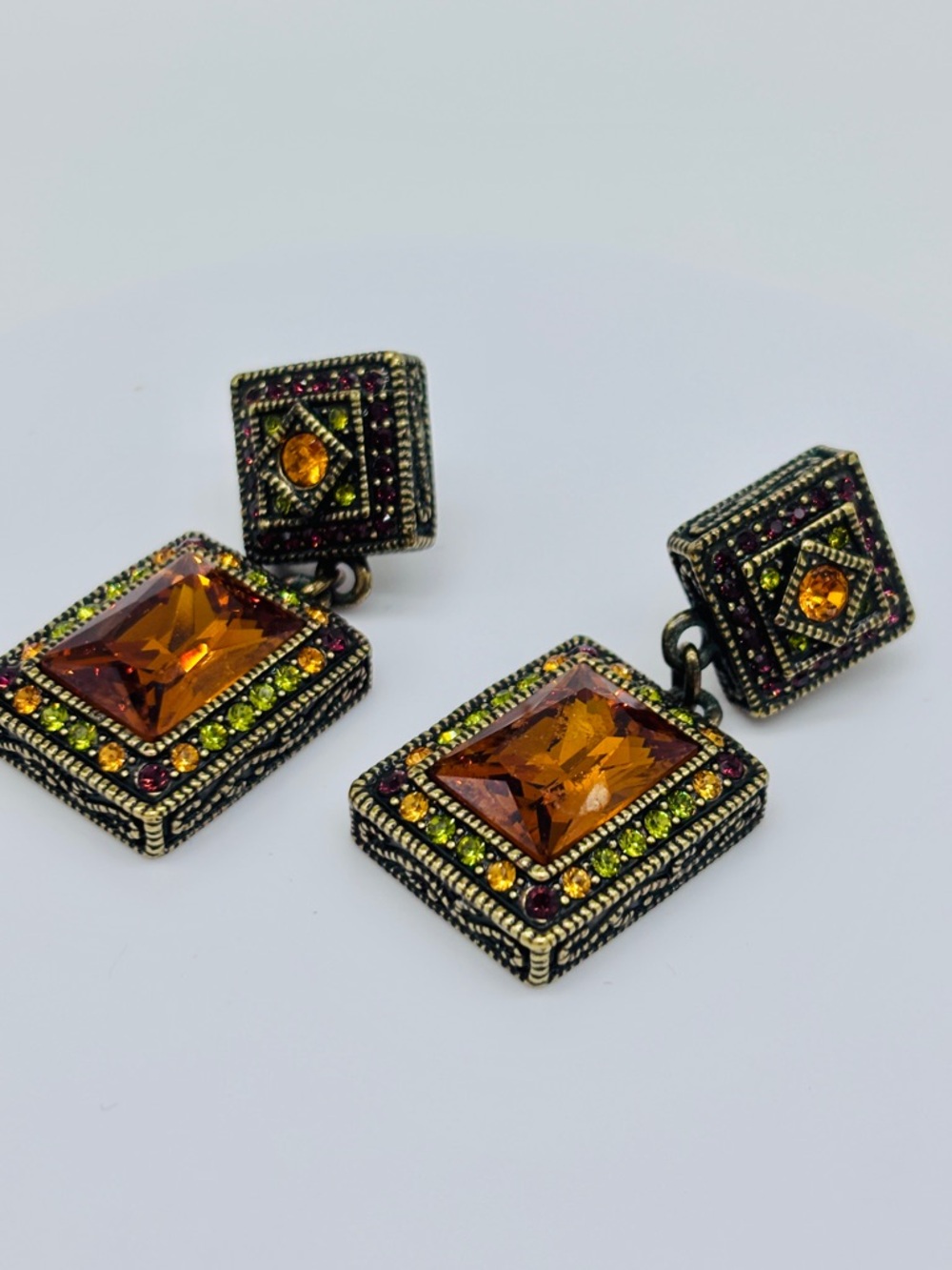 Heidi Daus Amber Swarovski Crystal Drop Earrings with Green Accent - Picture 7 of 10